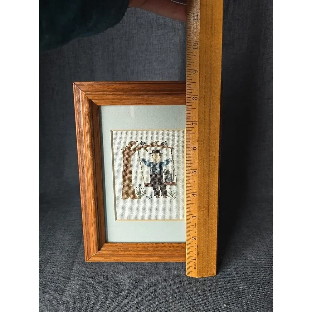 Framed Vintage Finished Cross Stitch Piece Amish Cat Play Day Swinging Birds